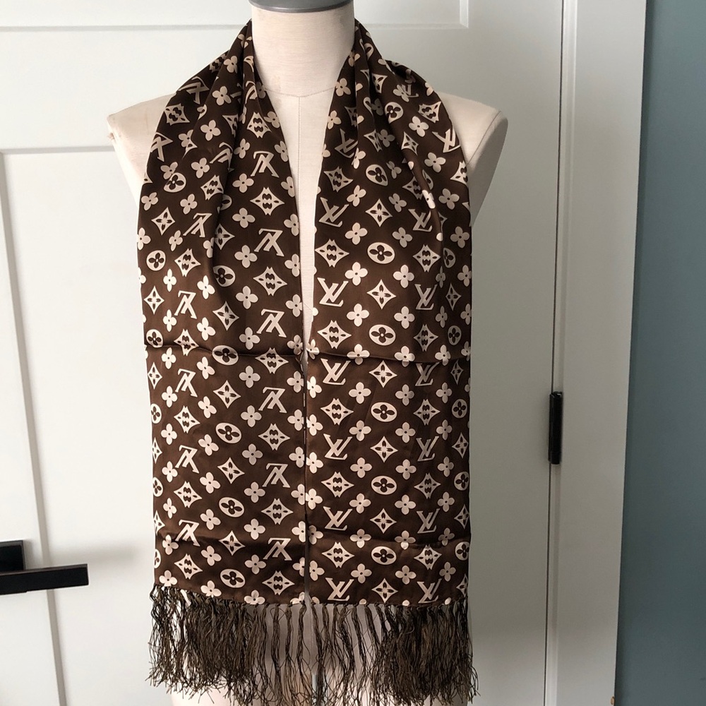 Louis Vuitton Dark Brown Monogram Silk Scarf 100% silk, appr57” including fringe